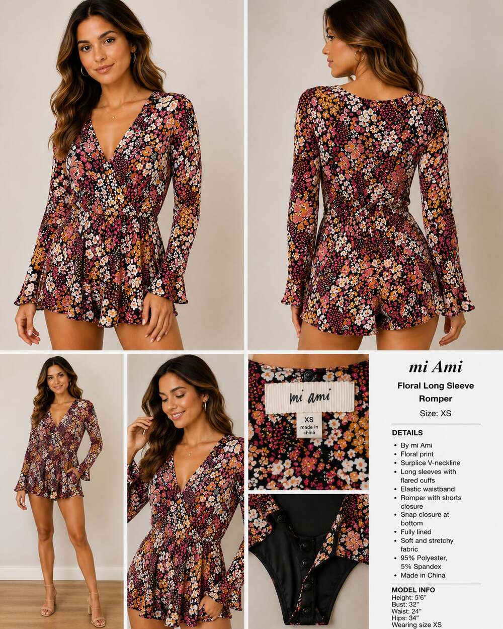 Mi Ami Womens XS Floral Romper Long Sleeve V Neck Boho Multicolor Shorts